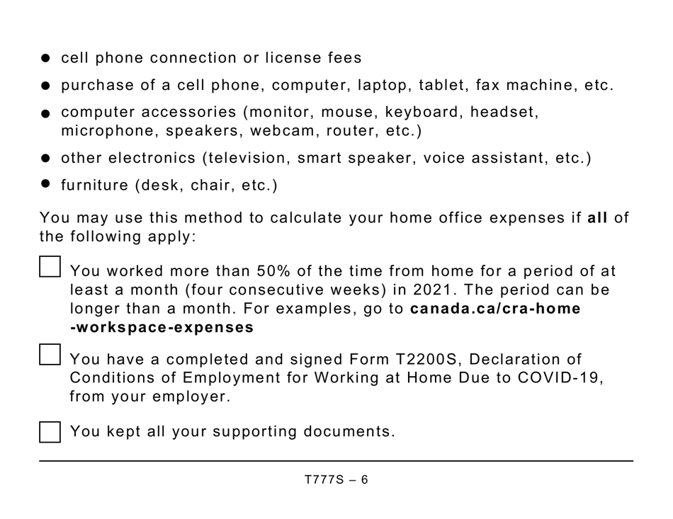 Form T777S Statement of Employment Expenses for Working at Home Due to Covid-19 (Large Print) - Canada, Page 6