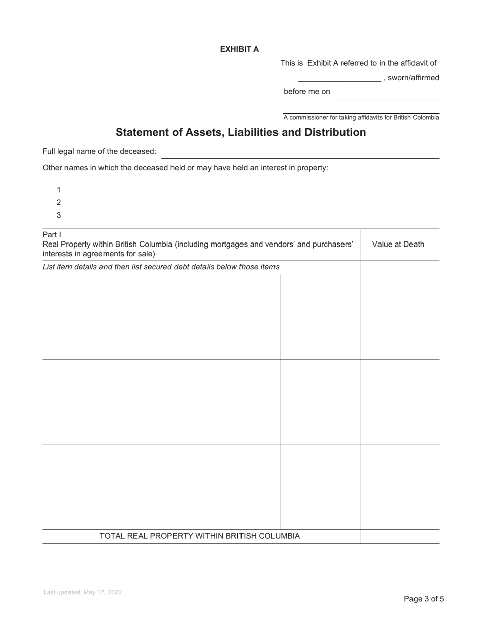 Form P14 Supplemental Affidavit of Assets and Liabilities for Domiciled Estate Grant - British Columbia, Canada, Page 3