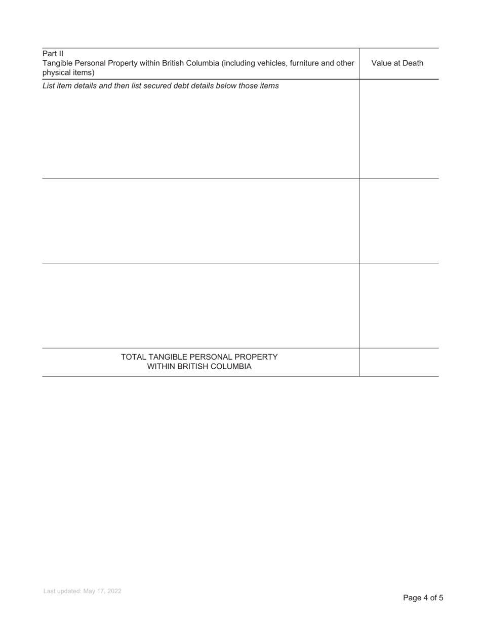Form P14 Supplemental Affidavit of Assets and Liabilities for Domiciled Estate Grant - British Columbia, Canada, Page 4