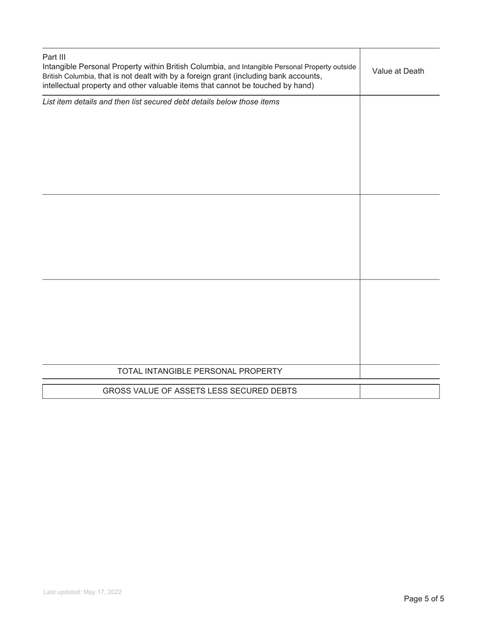 Form P14 Supplemental Affidavit of Assets and Liabilities for Domiciled Estate Grant - British Columbia, Canada, Page 5
