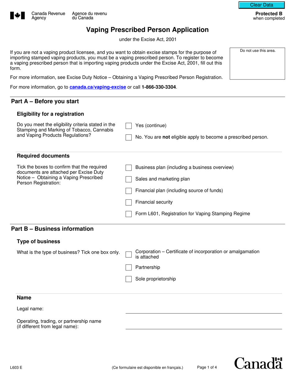 Form L603 Vaping Prescribed Person Application - Canada, Page 1