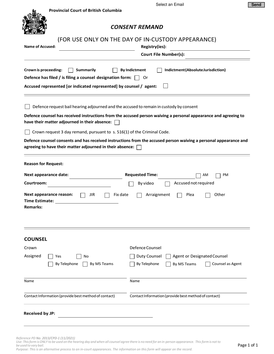 Form CPD-1 Consent Remand - British Columbia, Canada, Page 1