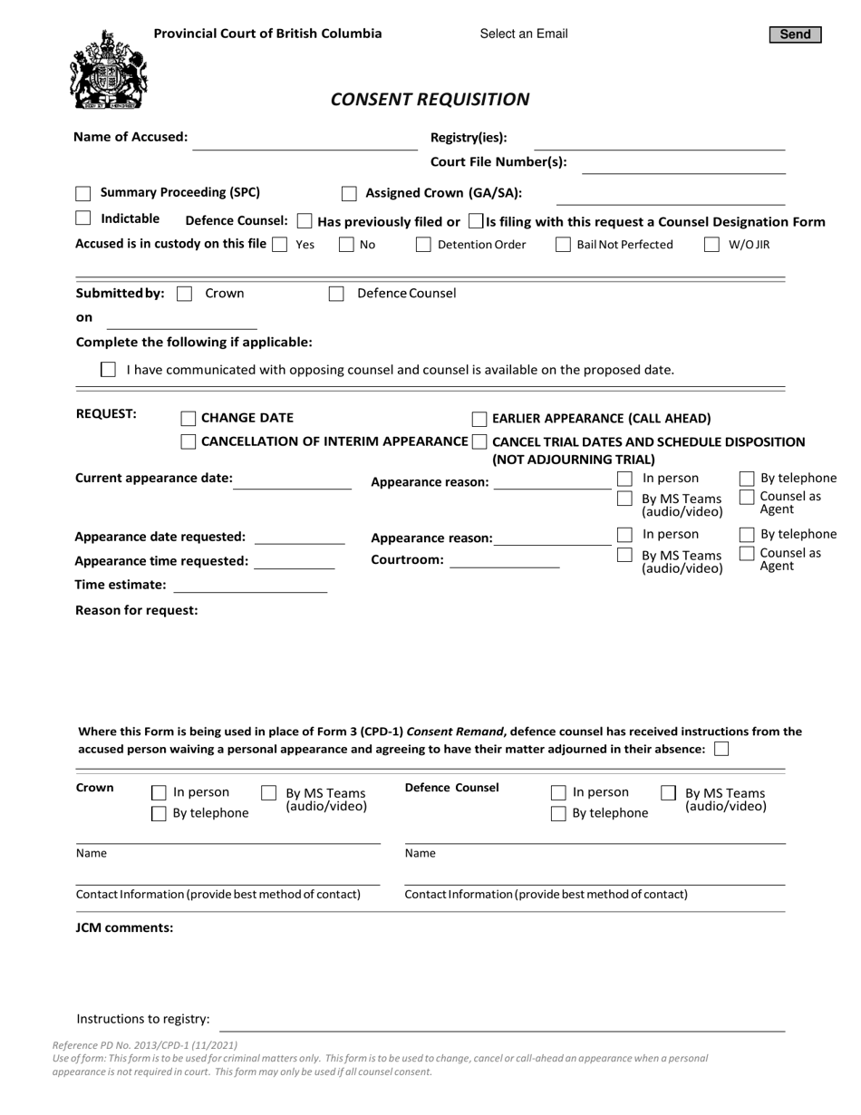 Form CPD-1 Consent Requisition - British Columbia, Canada, Page 1