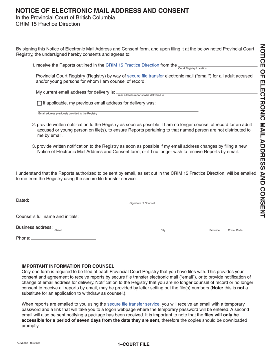 Form ADM882 Notice of Electronic Mail Address and Consent - British Columbia, Canada, Page 1