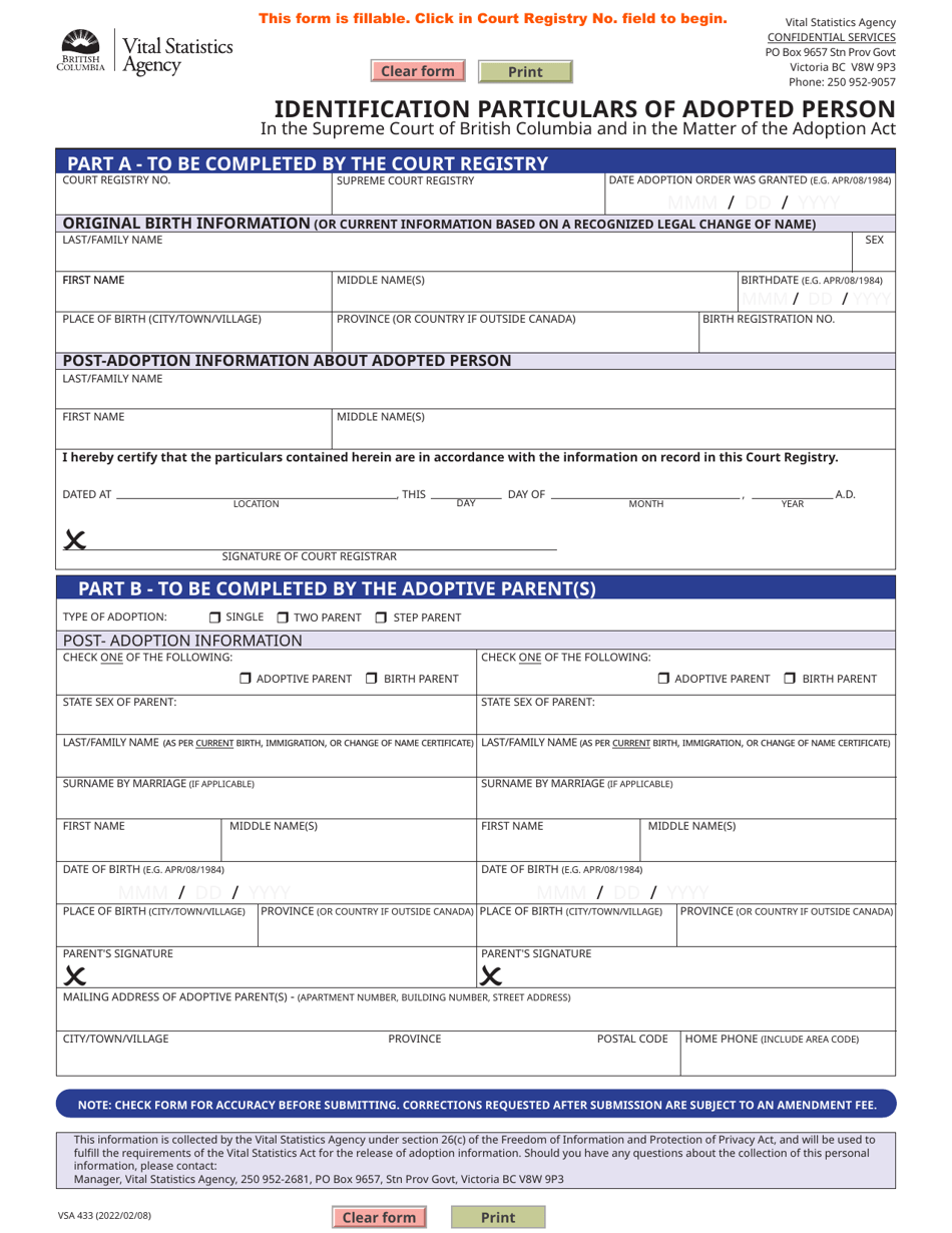 Form VSA433 Download Fillable PDF or Fill Online Identification Particulars of Adopted Person