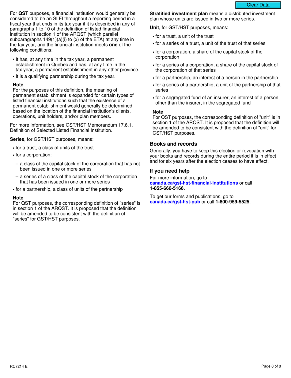 Form RC7214 Attribution Point Elections or Revocation of the Election for Selected Listed Financial Institutions for Gst / Hst and Qst Purposes or Only for Qst Purposes - Canada, Page 8