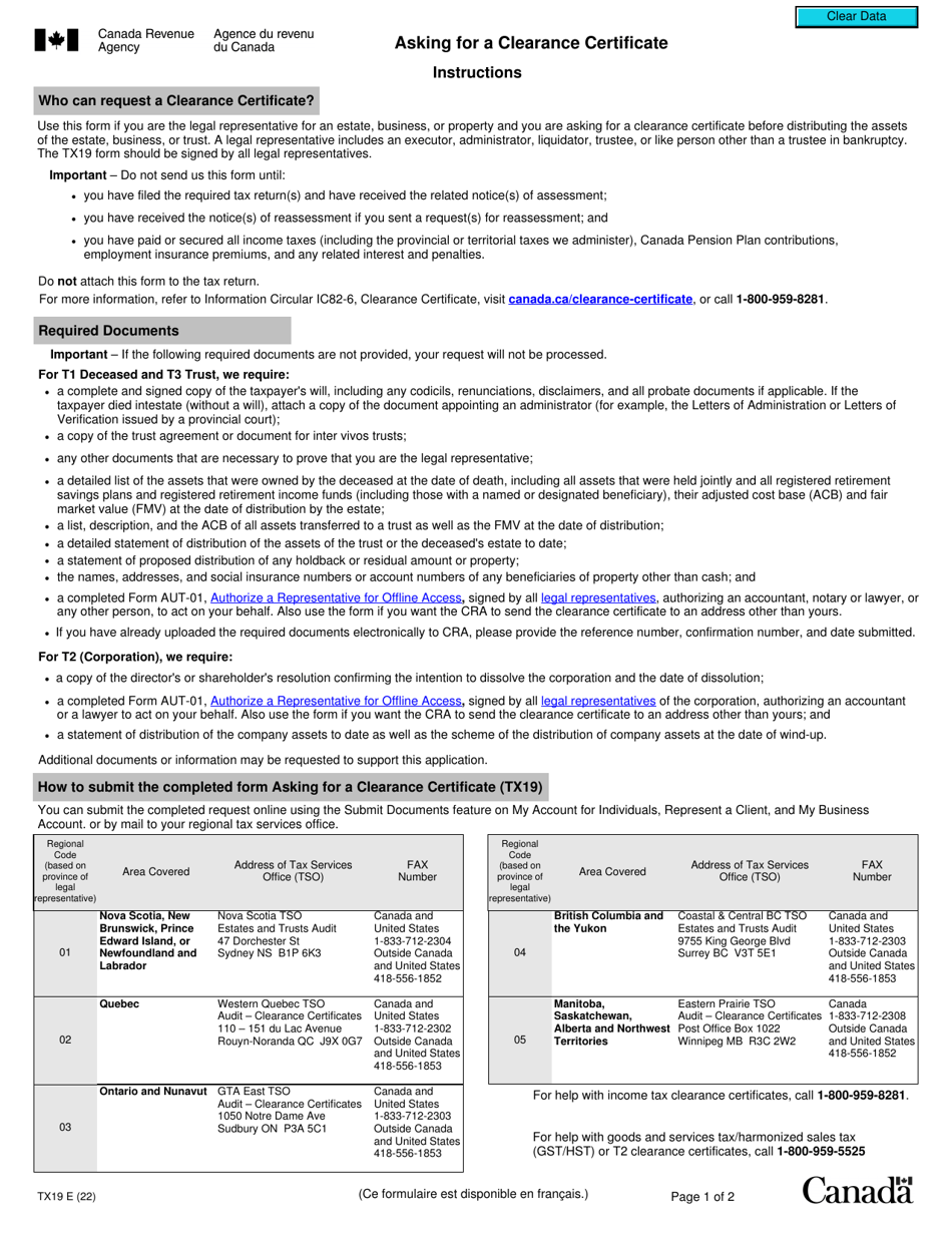 Form TX19 Asking for a Clearance Certificate - Canada, Page 1