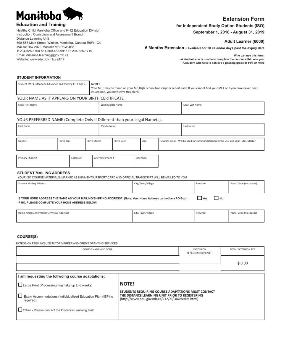 Extension Form for Independent Study Option Students - Manitoba, Canada, Page 1