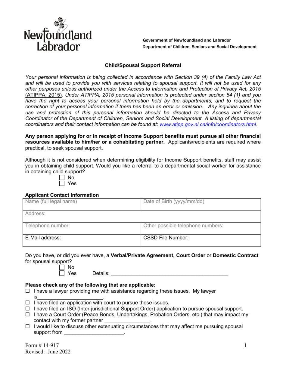 Form 14-917 Child / Spousal Support Referral - Newfoundland and Labrador, Canada, Page 1
