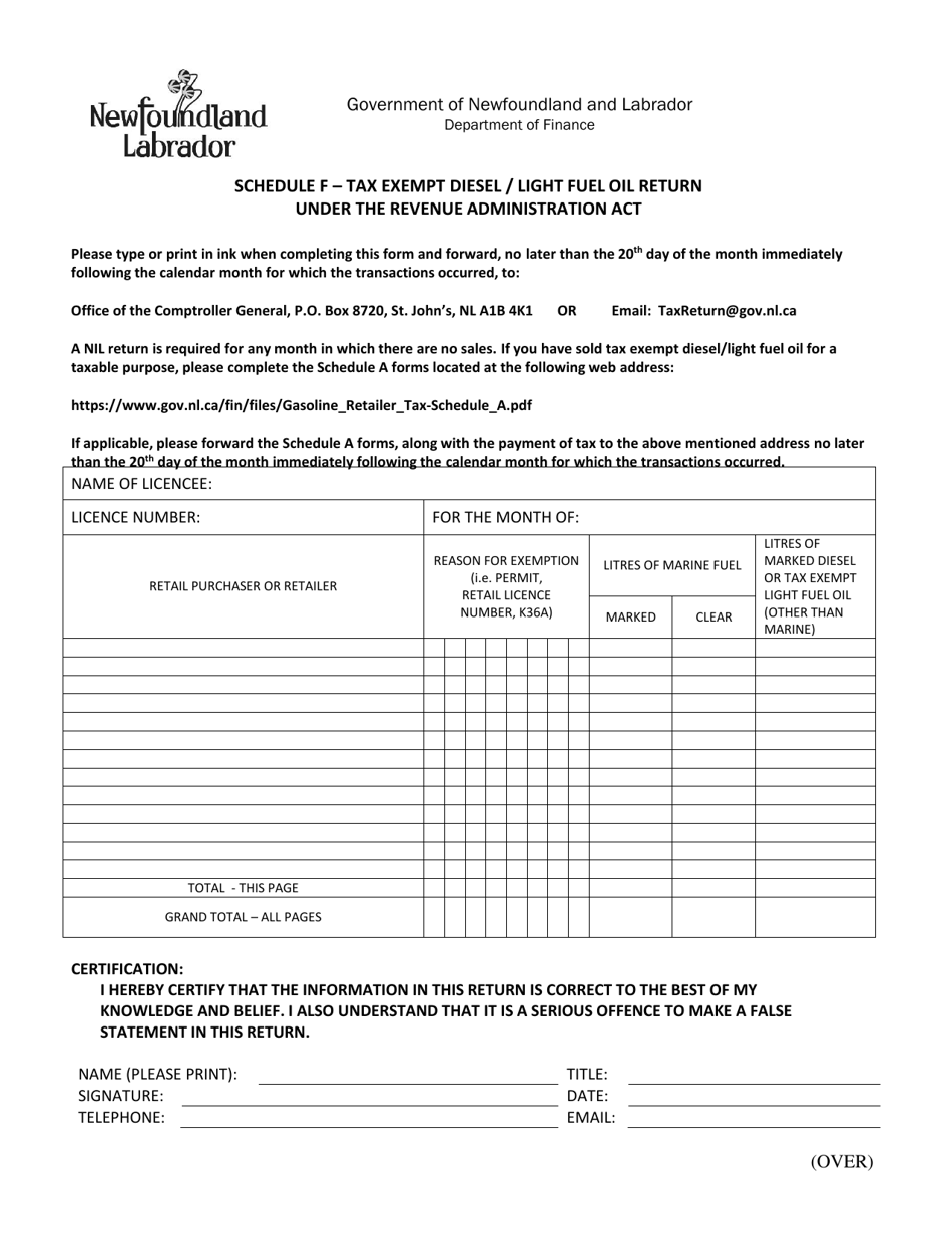 Schedule F Tax Exempt Diesel / Light Fuel Oil Return - Newfoundland and Labrador, Canada, Page 1