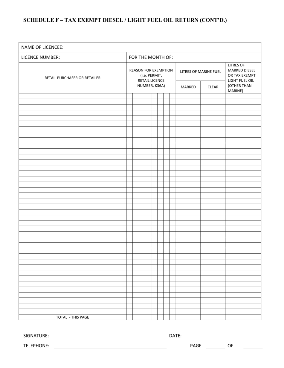 Schedule F Tax Exempt Diesel / Light Fuel Oil Return - Newfoundland and Labrador, Canada, Page 3