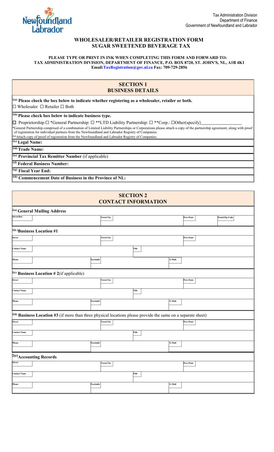 Wholesaler / Retailer Registration Form - Sugar Sweetened Beverage Tax - Newfoundland and Labrador, Canada, Page 1