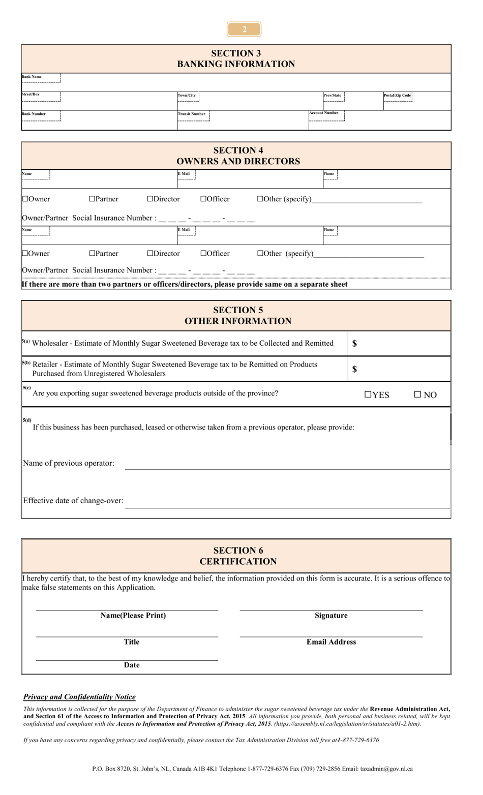 Wholesaler / Retailer Registration Form - Sugar Sweetened Beverage Tax - Newfoundland and Labrador, Canada, Page 2