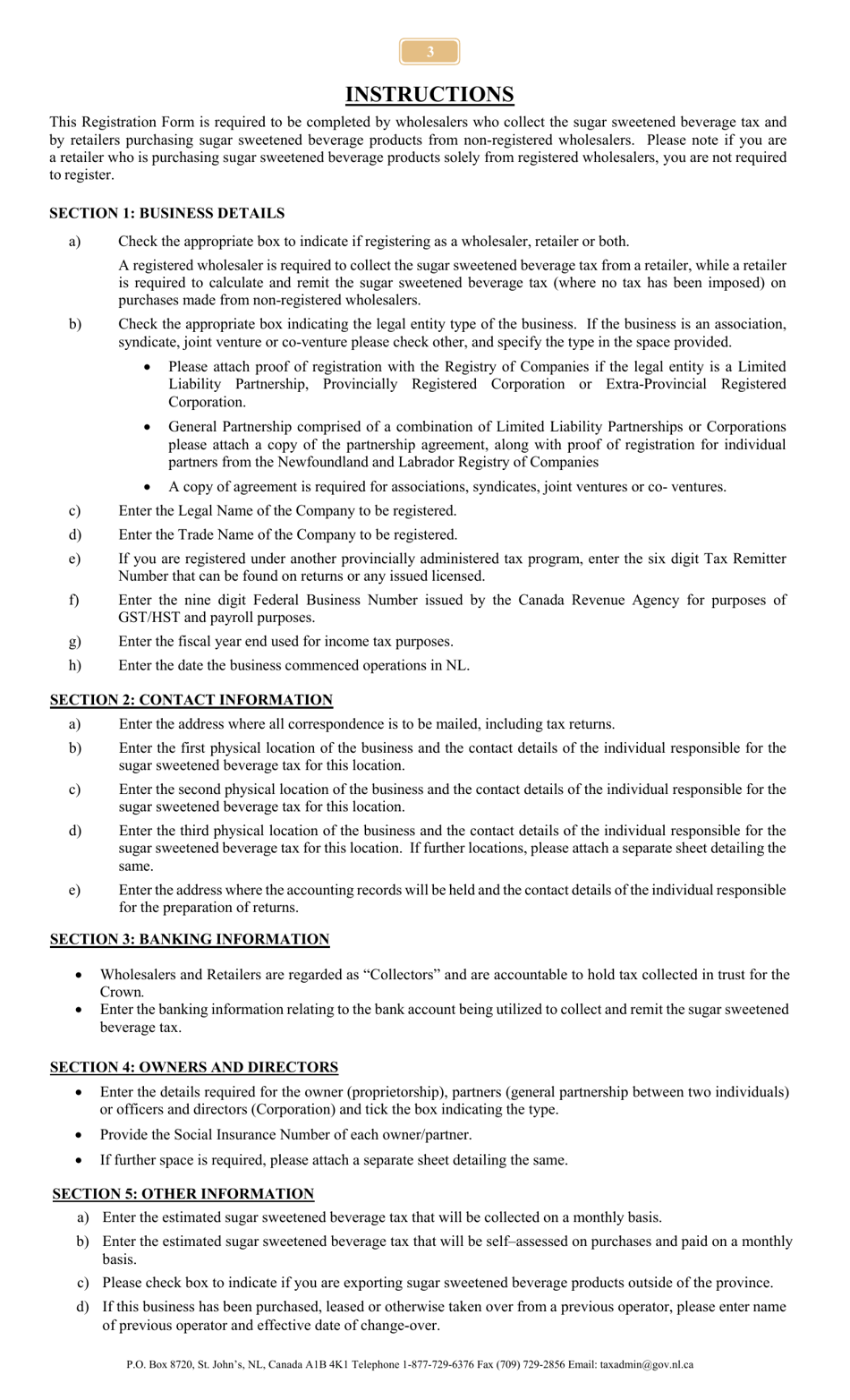 Wholesaler / Retailer Registration Form - Sugar Sweetened Beverage Tax - Newfoundland and Labrador, Canada, Page 3