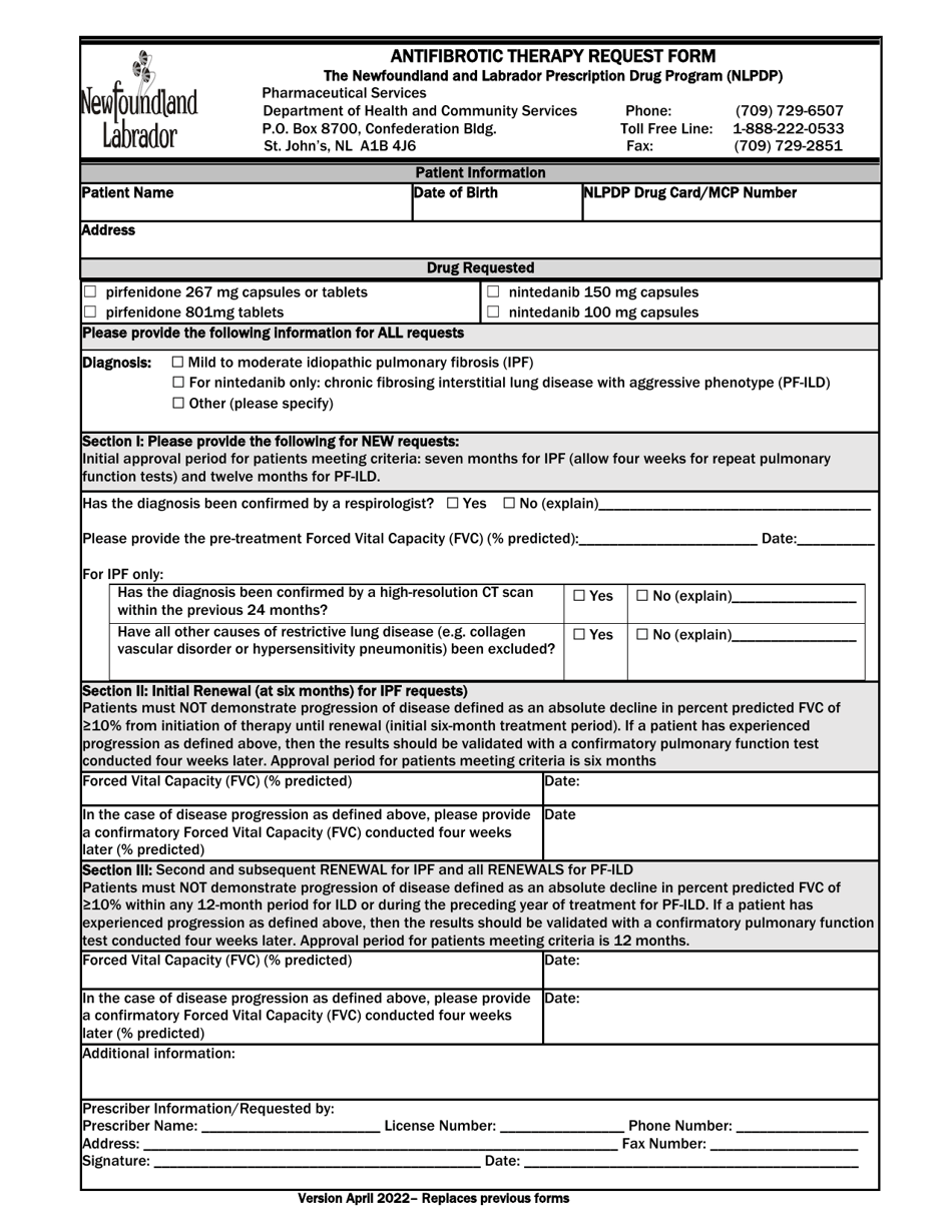 Antifibrotic Therapy Request Form - Newfoundland and Labrador, Canada, Page 1