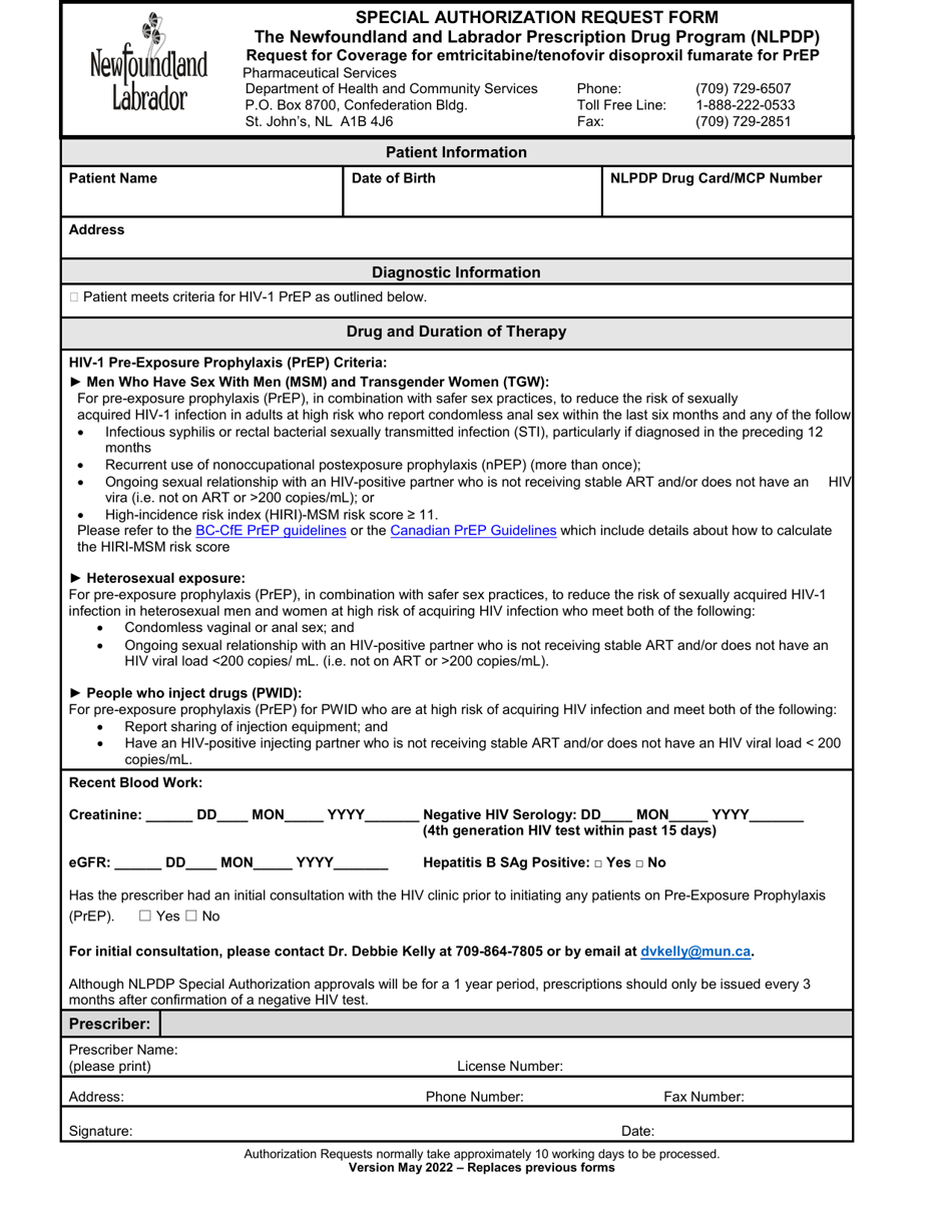 Special Authorization Request Form - Request for Coverage for Emtricitabine/Tenofovir Disoproxil Fumarate for Prep - Newfoundland and Labrador, Canada, Page 1