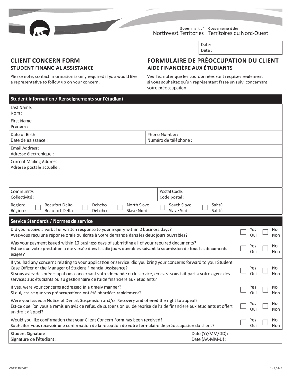 Form NWT9230 Client Concern Form - Student Financial Assistance - Northwest Territories, Canada (English / French), Page 1
