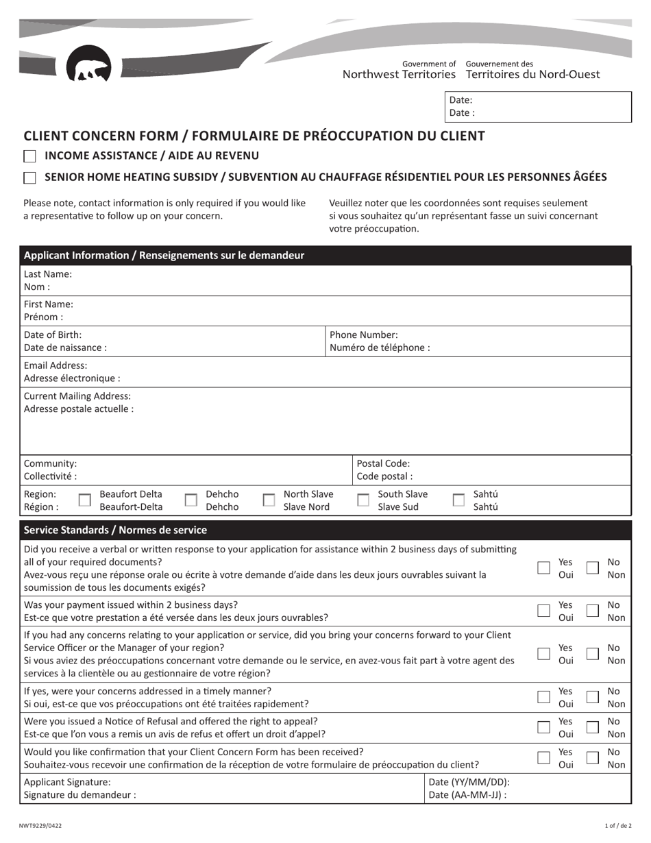 Form NWT9229 Client Concern Form - Income Assistance / Senior Home Heating Subsidy - Northwest Territories, Canada (English / French), Page 1