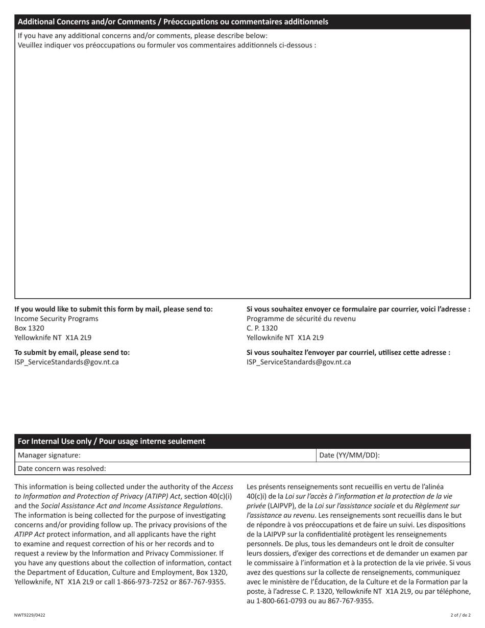 Form NWT9229 Client Concern Form - Income Assistance / Senior Home Heating Subsidy - Northwest Territories, Canada (English / French), Page 2