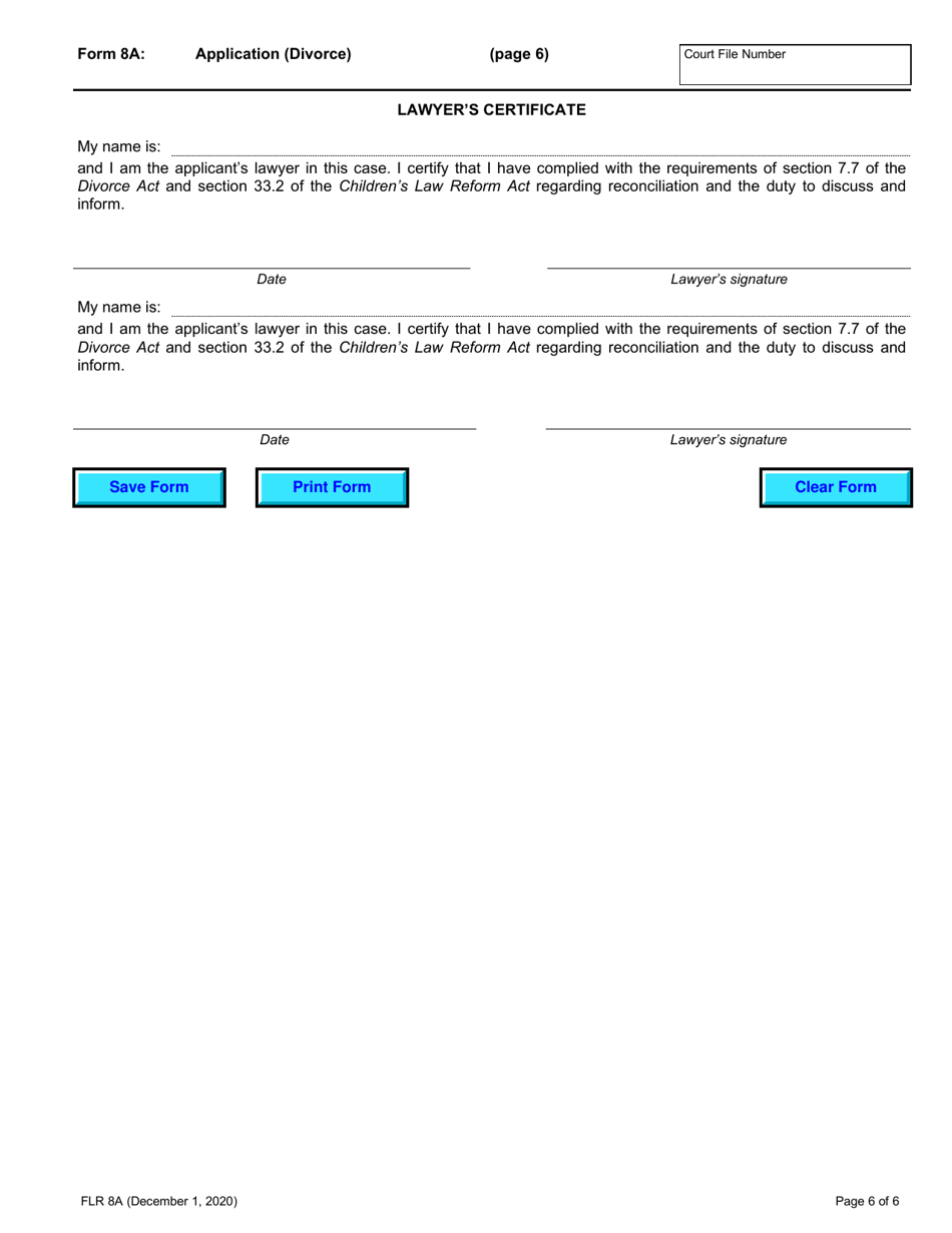 Form 8A Application (Divorce) - Ontario, Canada, Page 6