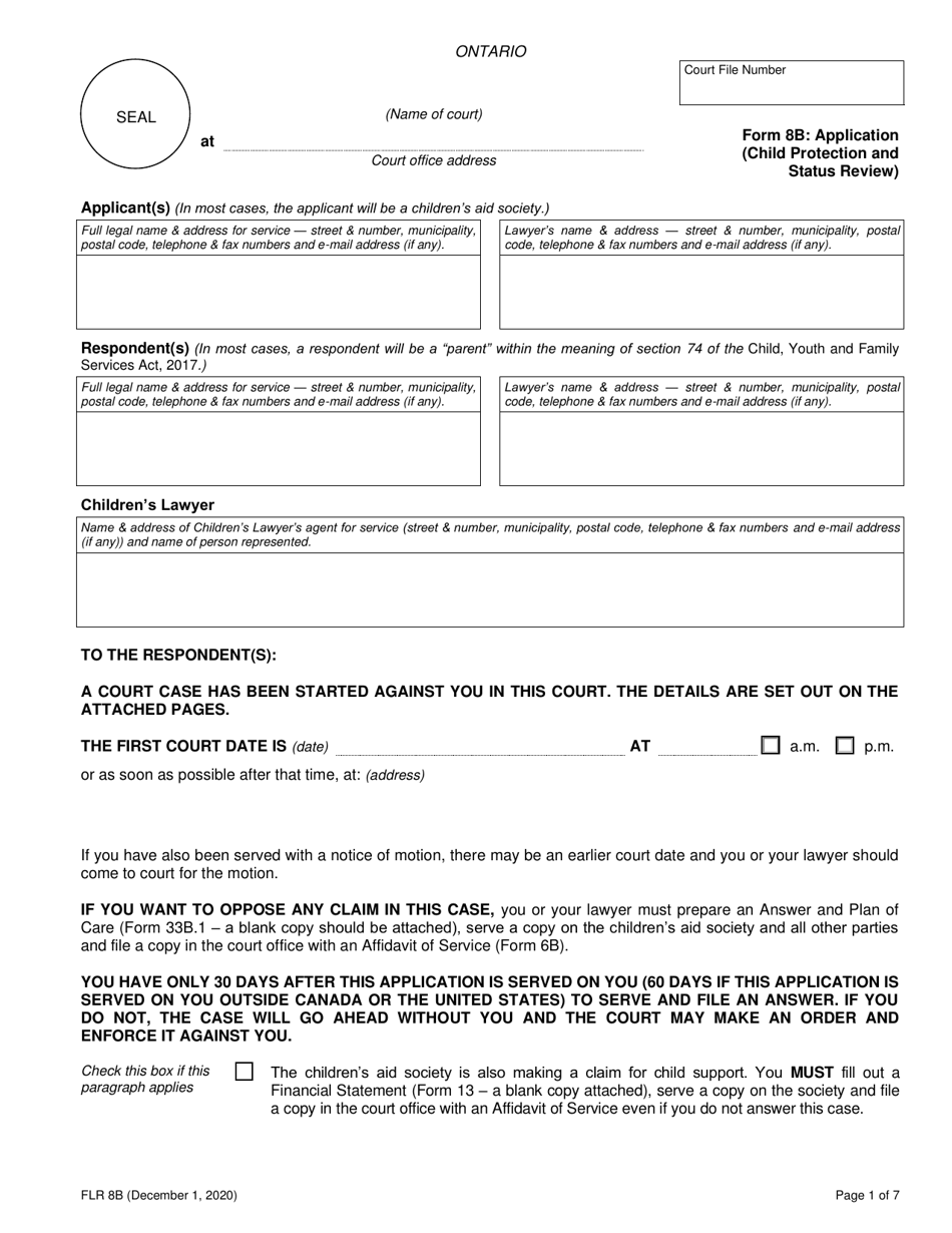 Form 8B Application (Child Protection and Status Review) - Ontario, Canada, Page 1