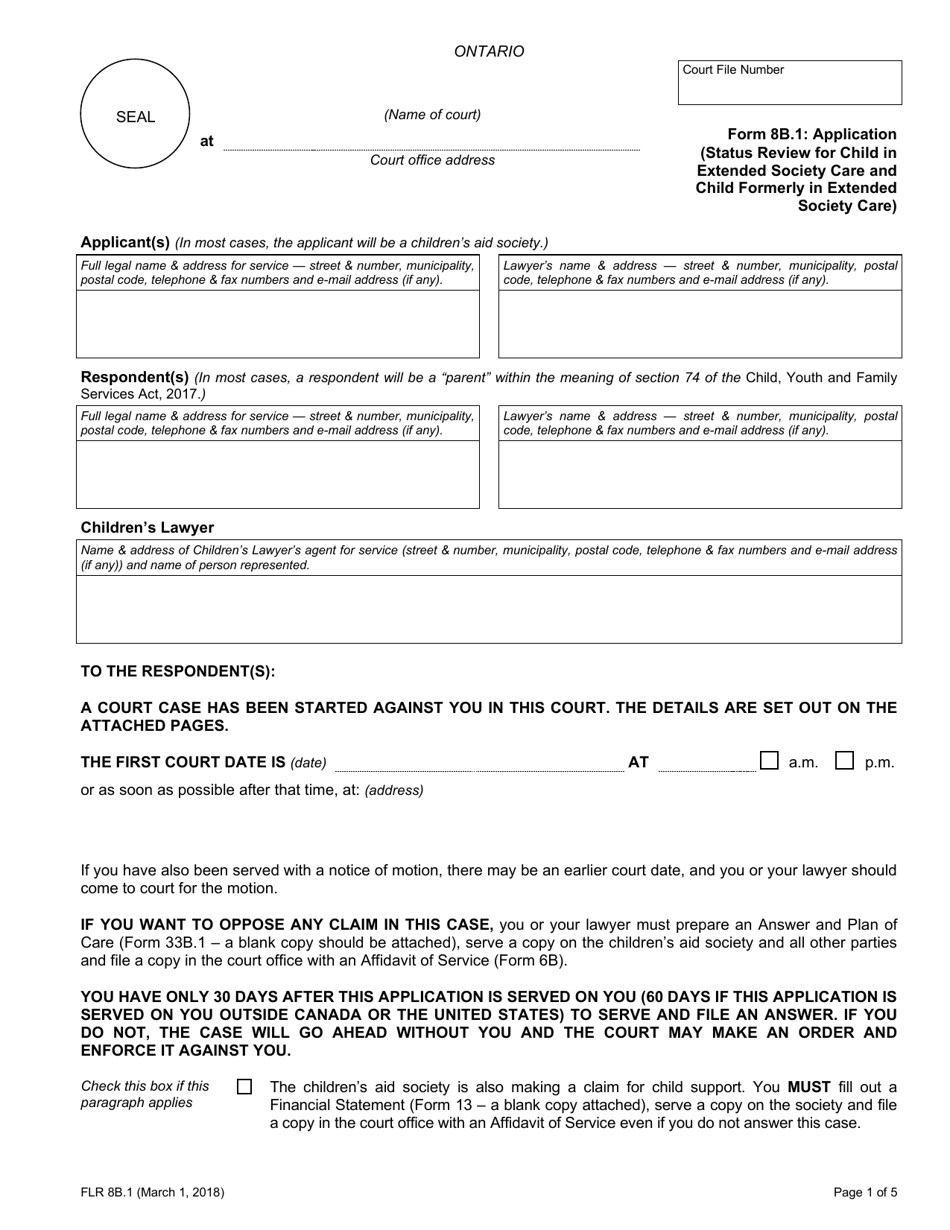 Form 8B.1 Application (Status Review for Child in Extended Society Care and Child Formerly in Extended Society Care) - Ontario, Canada, Page 1