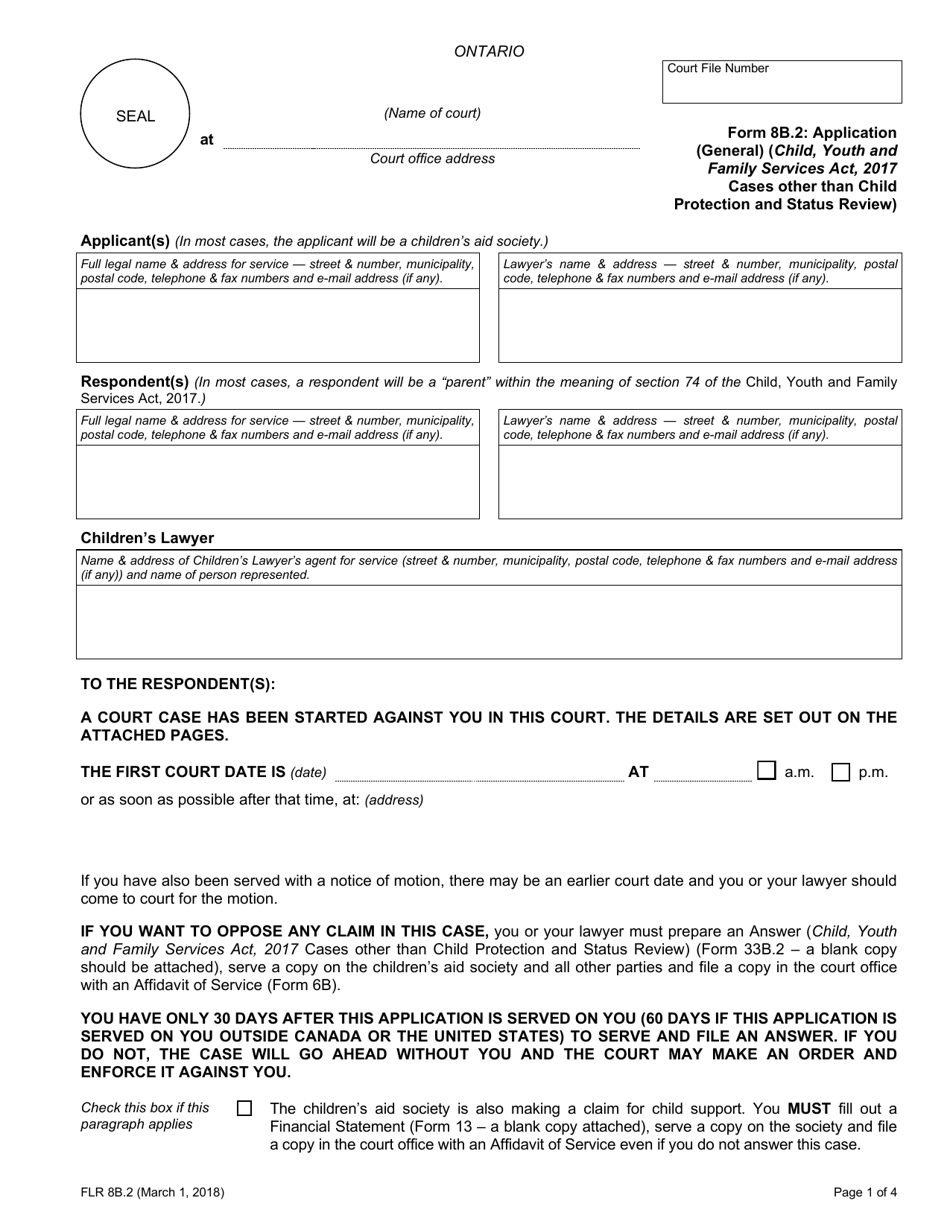 Form 8B.2 Application (General) (Child, Youth and Family Services Act, 2017 Cases Other Than Child Protection and Status Review) - Ontario, Canada, Page 1