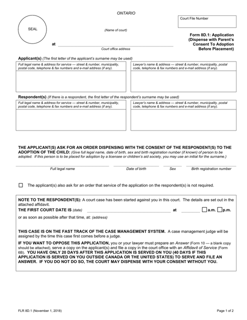 Form 8D.1 Application (Dispense With Parent's Consent to Adoption Before Placement) - Ontario, Canada