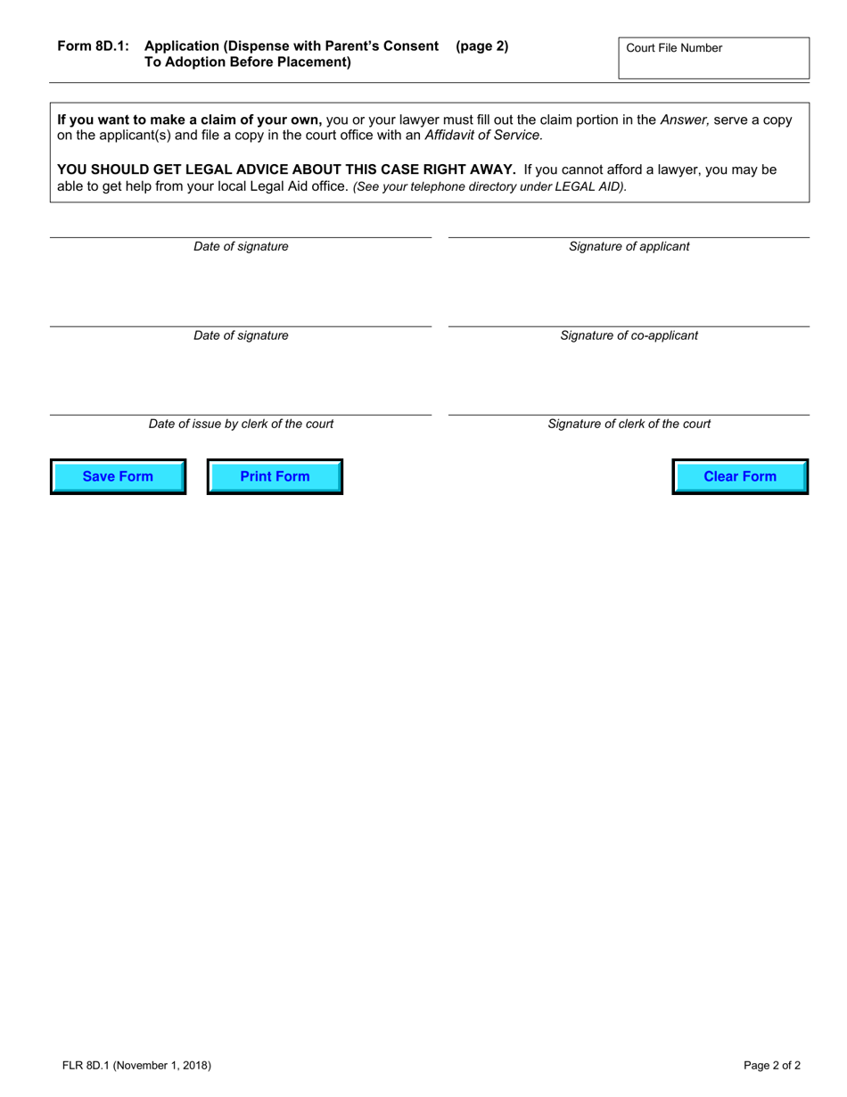 Form 8D.1 Application (Dispense With Parents Consent to Adoption Before Placement) - Ontario, Canada, Page 2
