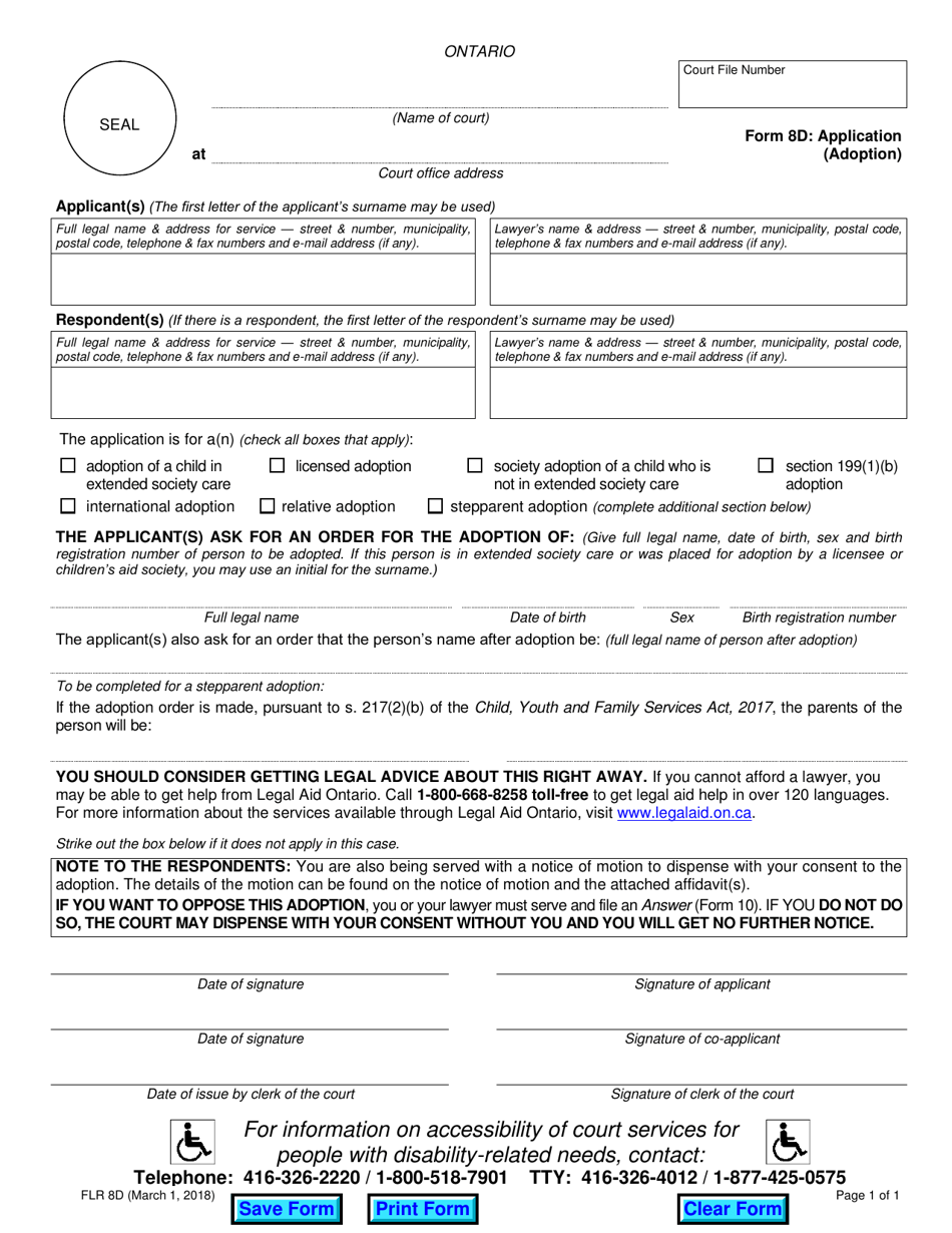 Form 8D Application (Adoption) - Ontario, Canada, Page 1