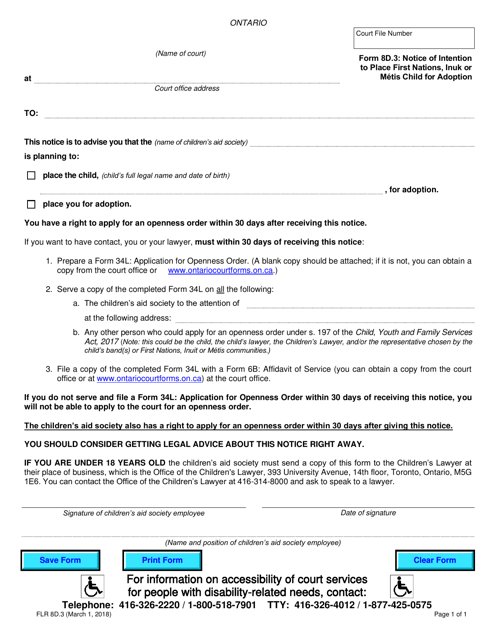 Form 8D.3 Notice of Intention to Place First Nations, Inuk or Metis Child for Adoption - Ontario, Canada