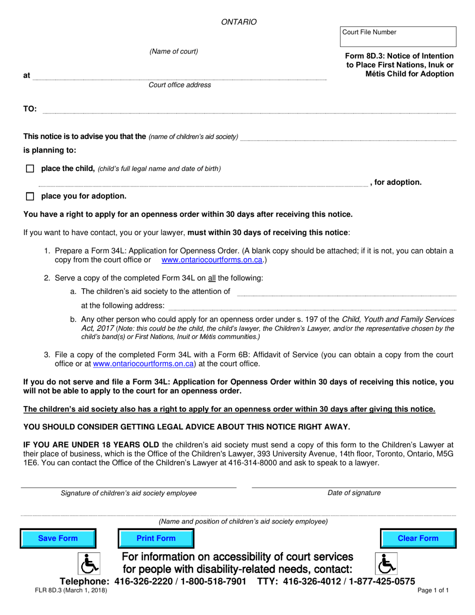 Form 8D.3 Notice of Intention to Place First Nations, Inuk or Metis Child for Adoption - Ontario, Canada, Page 1