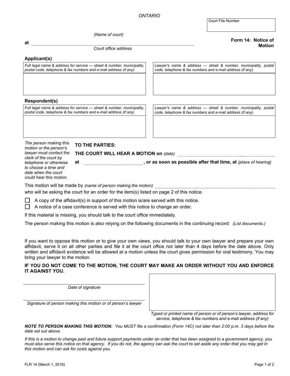 Form 14 Notice of Motion - Ontario, Canada, Page 1