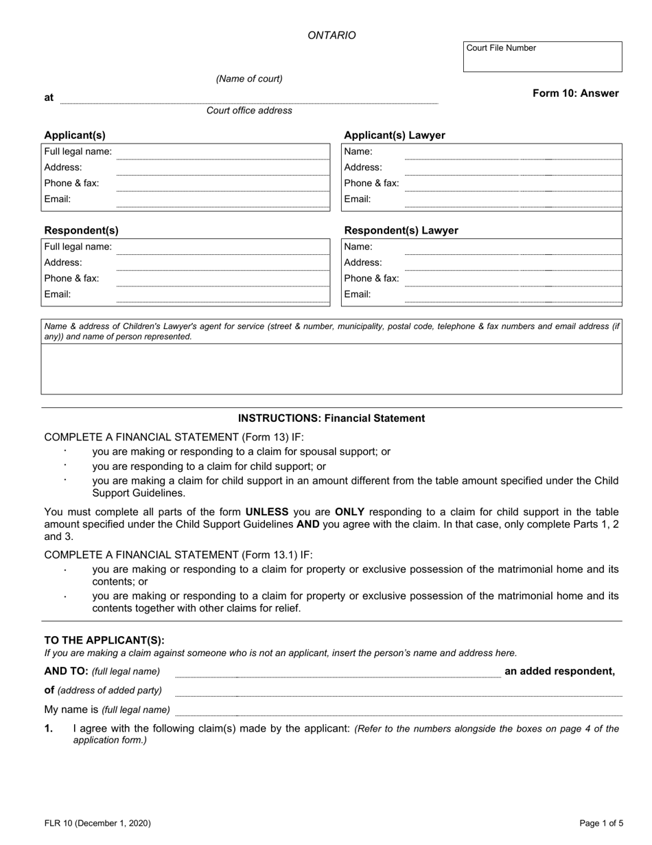 Form 10 Answer - Ontario, Canada, Page 1