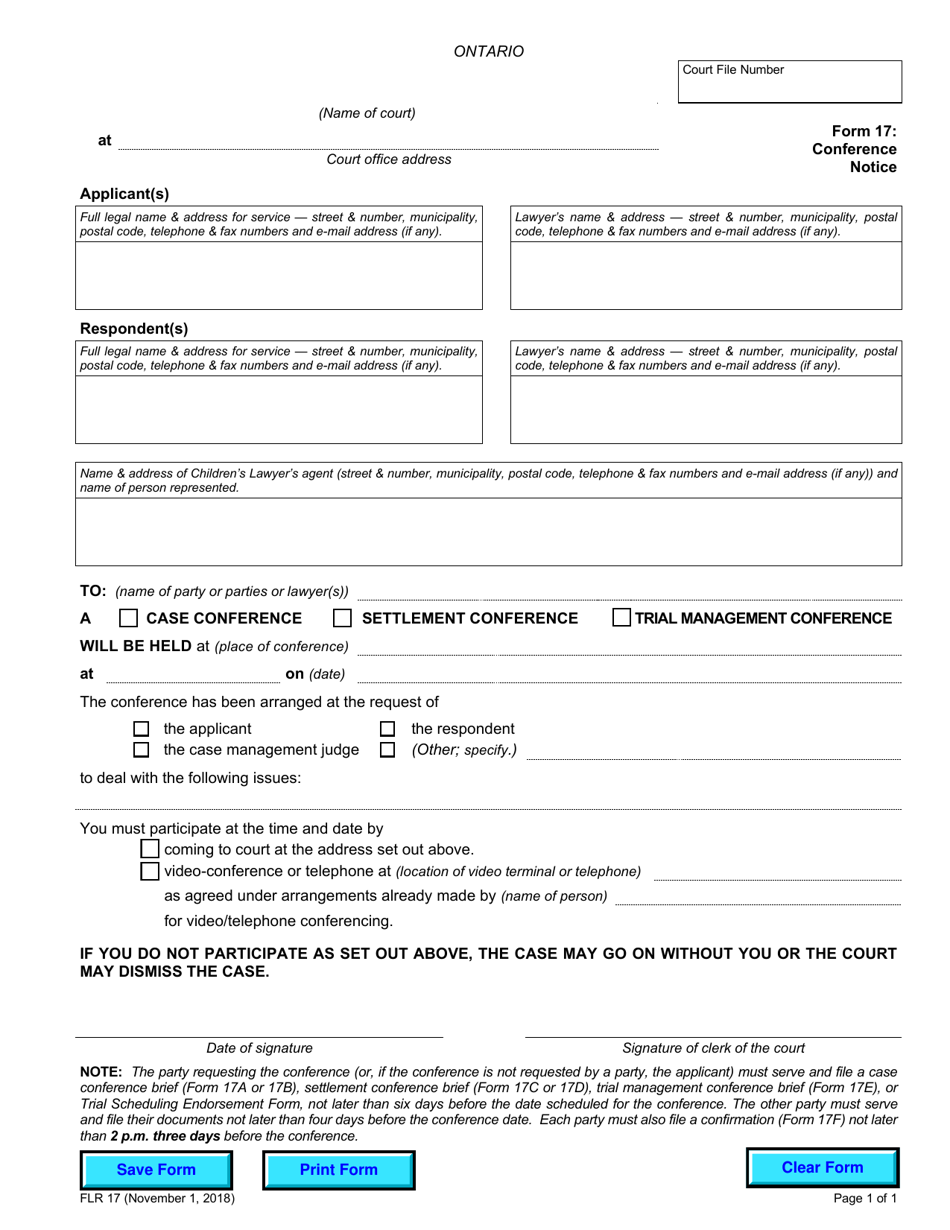 Form 17 Download Fillable PDF or Fill Online Conference Notice, Ontario ...