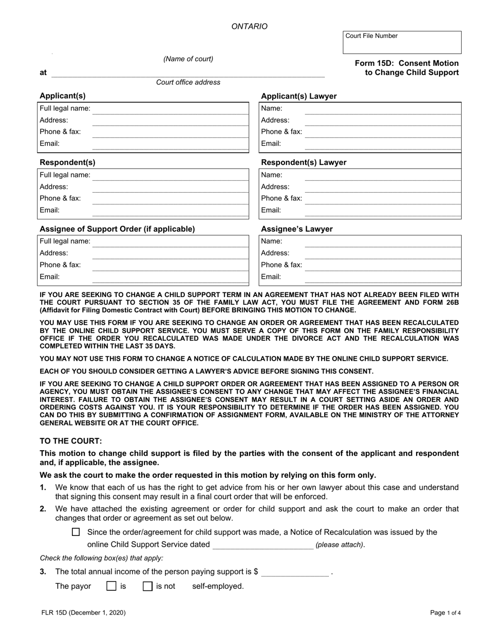 Form 15D Consent Motion to Change Child Support - Ontario, Canada, Page 1