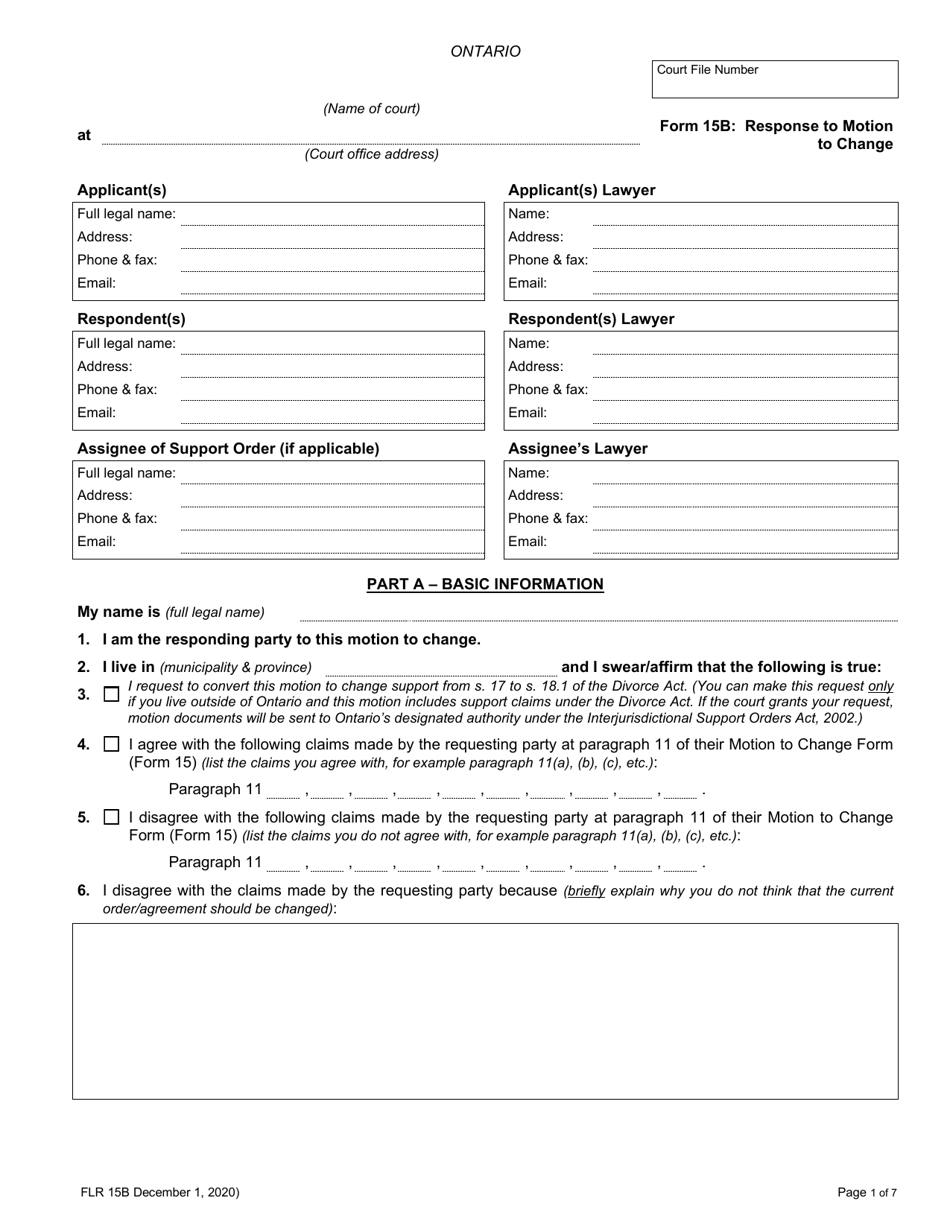 Form 15B Response to Motion to Change - Ontario, Canada, Page 1