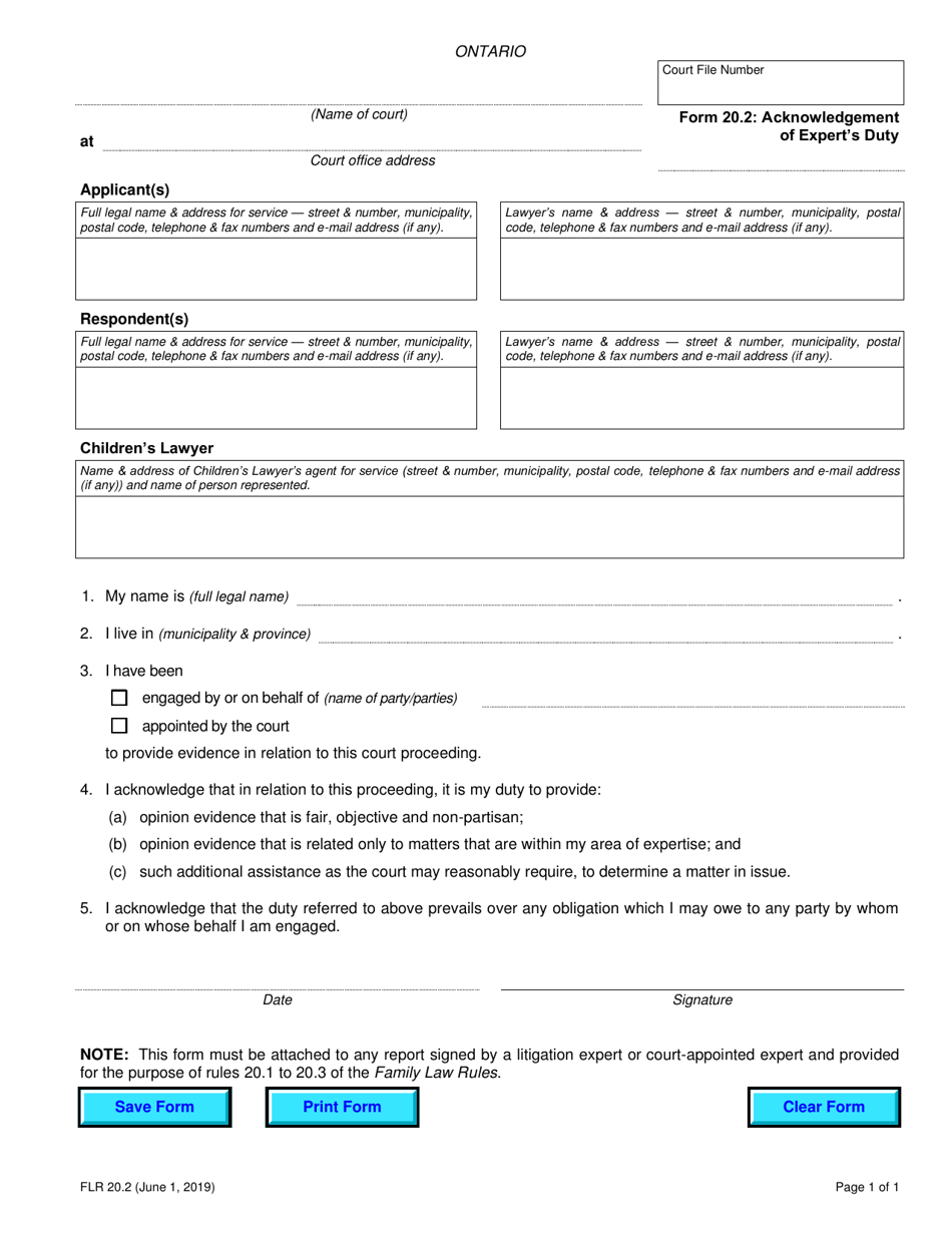 Form 20.2 Acknowledgement of Experts Duty - Ontario, Canada, Page 1
