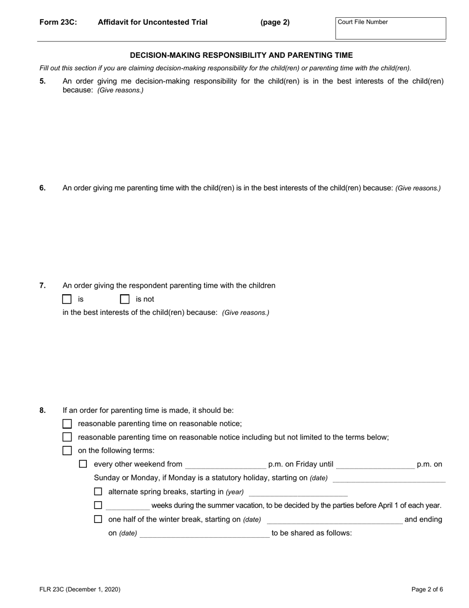Form 23C Affidavit for Uncontested Trial - Ontario, Canada, Page 2