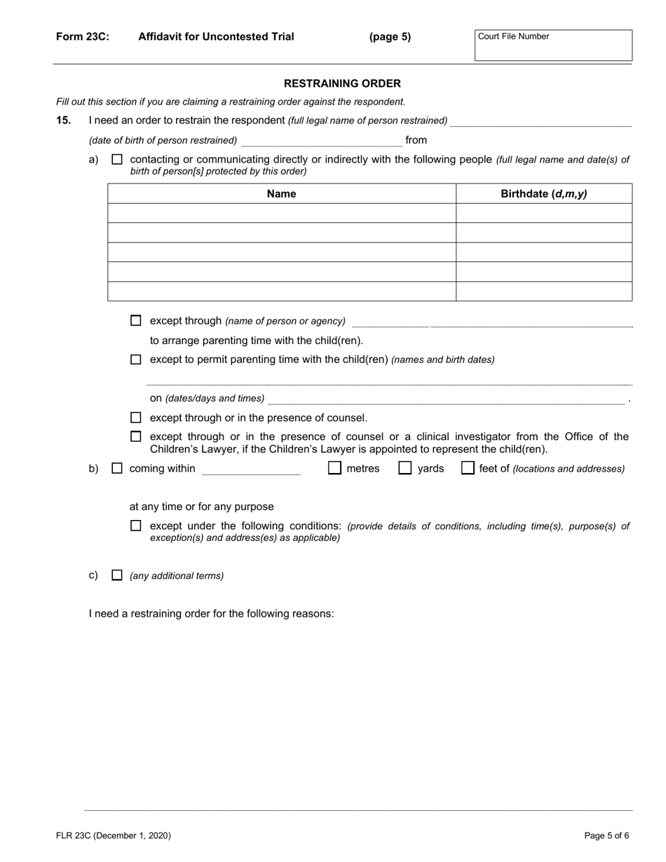Form 23C Affidavit for Uncontested Trial - Ontario, Canada, Page 5