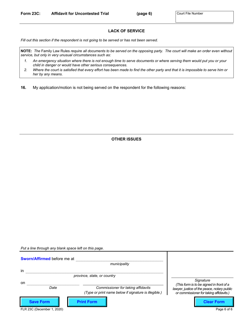 Form 23C Affidavit for Uncontested Trial - Ontario, Canada, Page 6