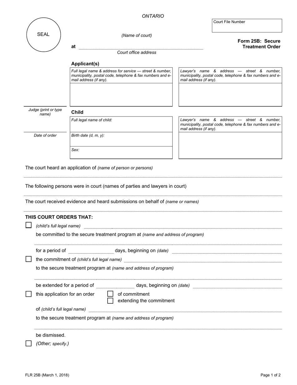 Form 25B Secure Treatment Order - Ontario, Canada, Page 1