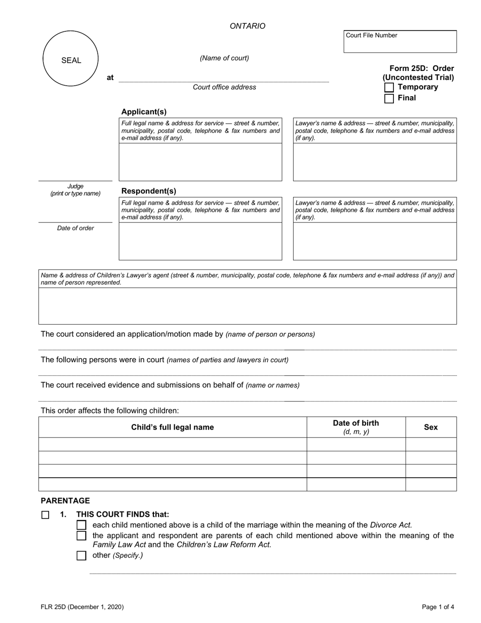 Form 25D Order (Uncontested Trial) - Temporary / Final - Ontario, Canada, Page 1