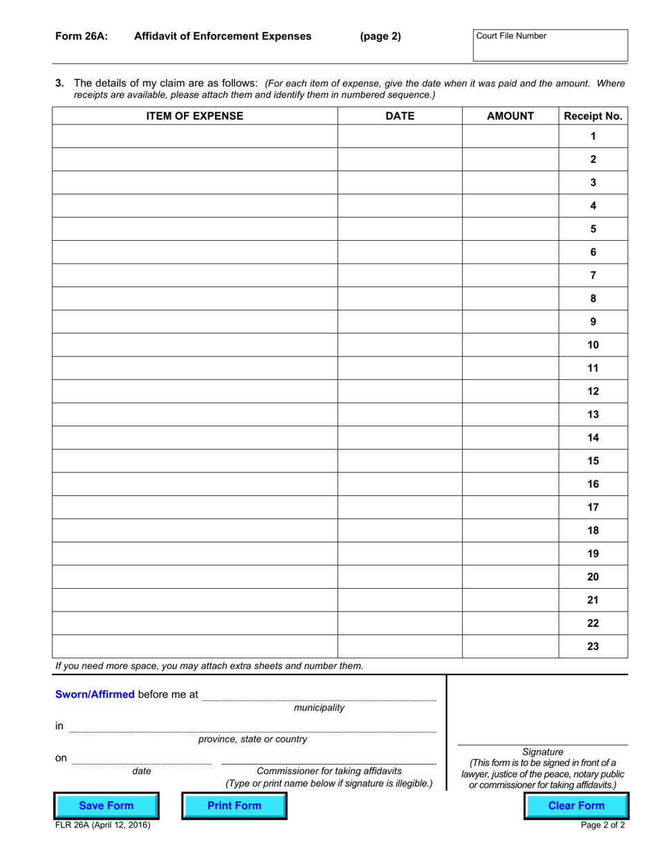 Form 26A Affidavit of Enforcement Expenses - Ontario, Canada, Page 2