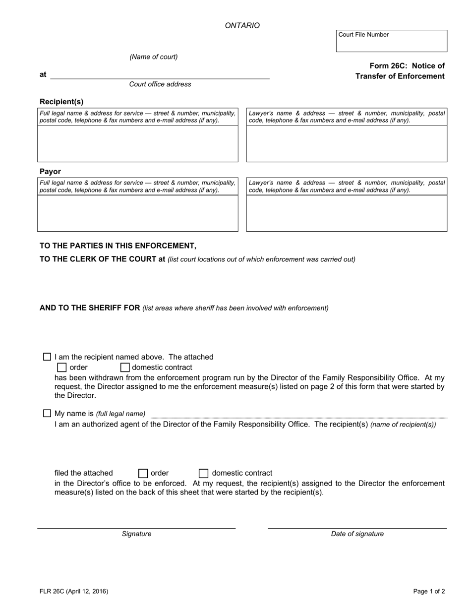 Form 26C Notice of Transfer of Enforcement - Ontario, Canada, Page 1