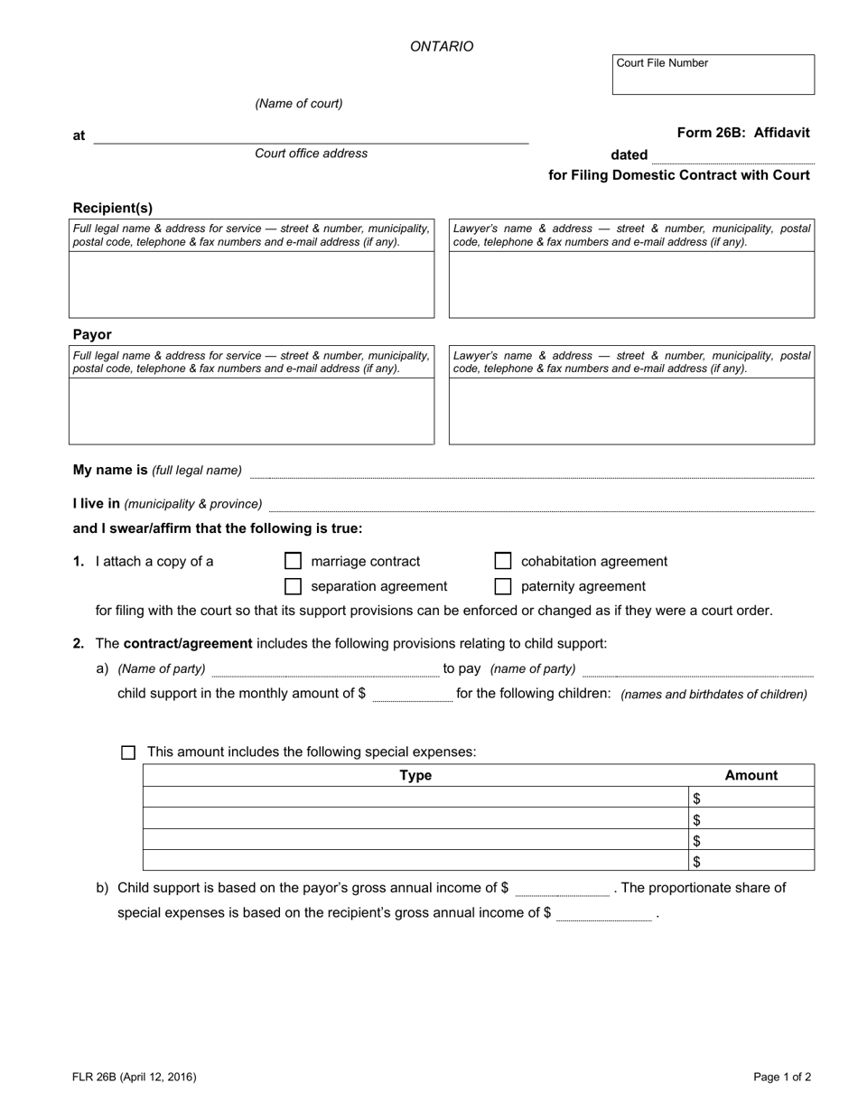 Form 26B Affidavit for Filing Domestic Contract With Court - Ontario, Canada, Page 1