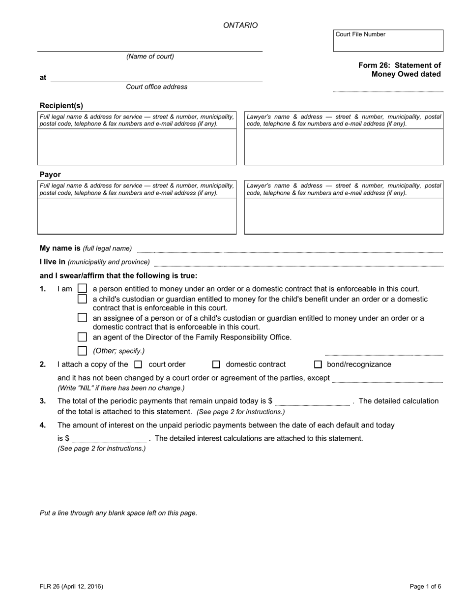 Form 26 Statement of Money Owed - Ontario, Canada, Page 1