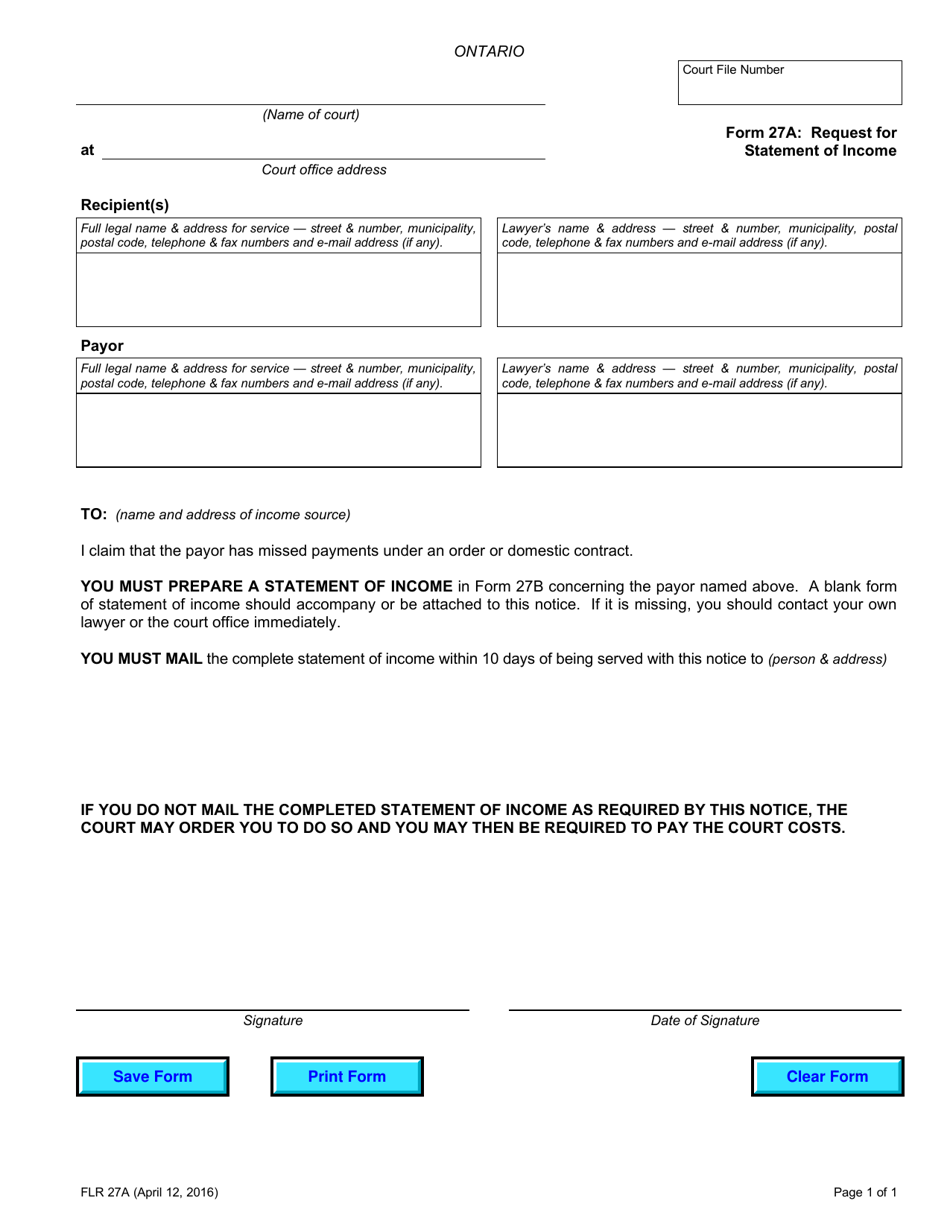 Form 27A Request for Statement of Income - Ontario, Canada, Page 1
