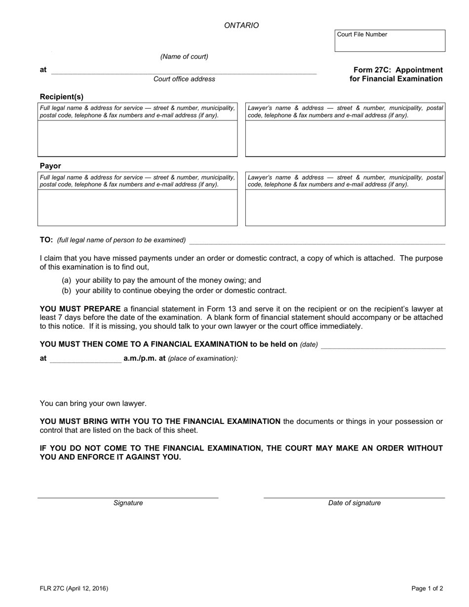 Form 27C Appointment for Financial Examination - Ontario, Canada, Page 1