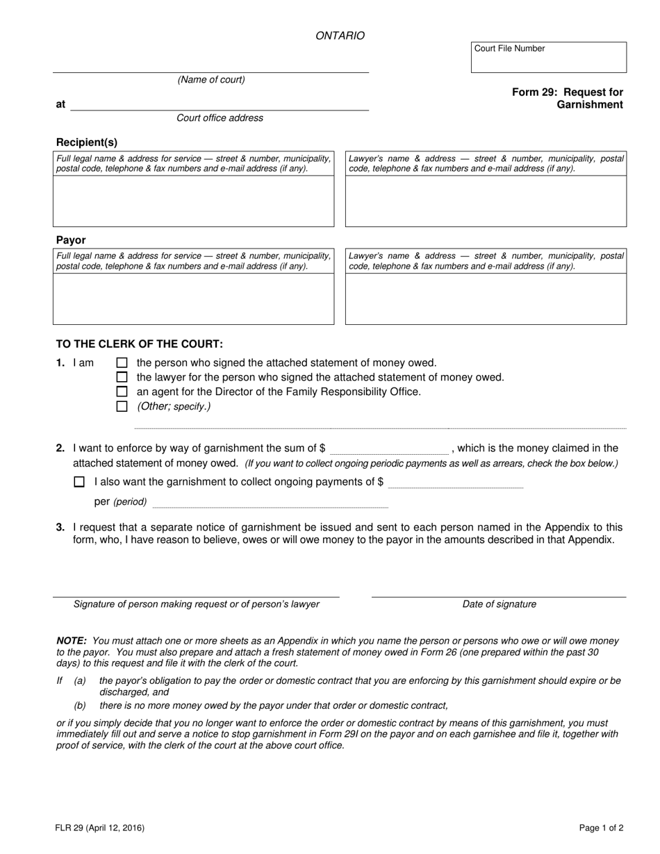 Form 29 Request for Garnishment - Ontario, Canada, Page 1
